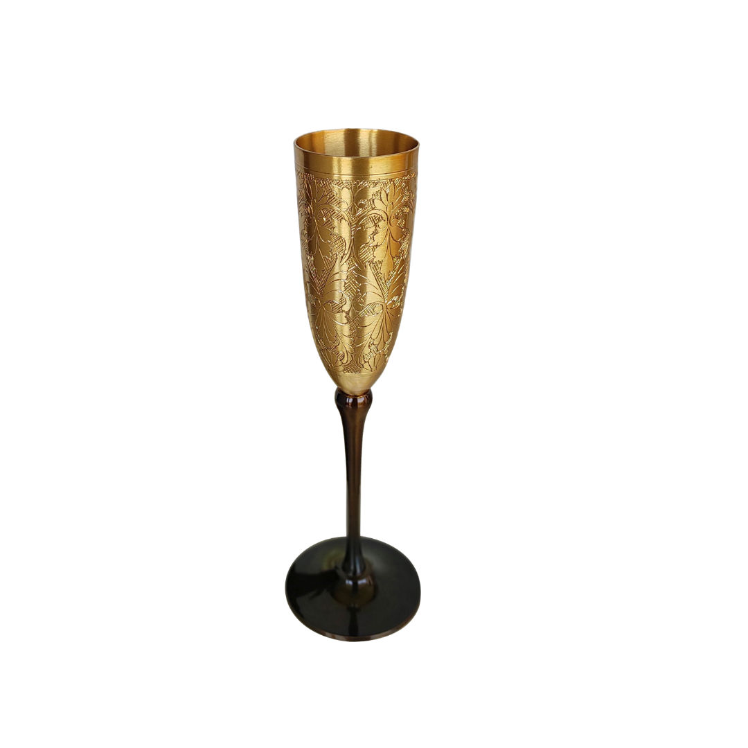 Brass Matt Finish Plain & Embossed Design Flute Champagne, 2 Glasses - 200 ML